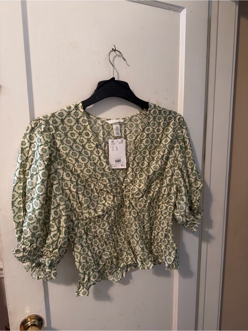 H&M Green and Cream Printed Puff-Sleeve Blouse
